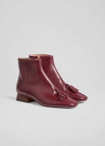 L.K. BENNETT VERITY DARK RED SOFT CALF LEATHER ANKLE BOOTS / luxe tasseled autumn boots / front tassel winter footwear