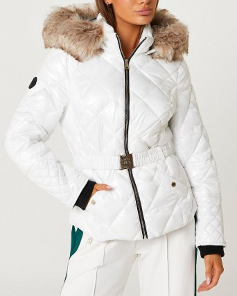 RIVER ISLAND White belted padded coat / womens quilted faux fur trimmed winter coats - flipped