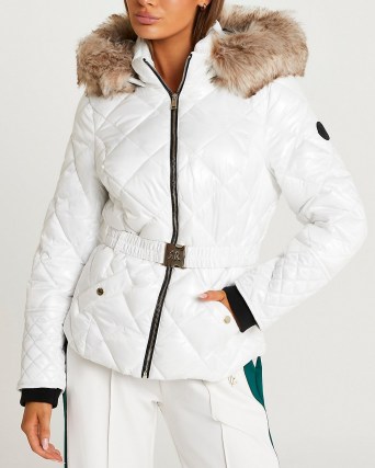 RIVER ISLAND White belted padded coat / womens quilted faux fur trimmed winter coats