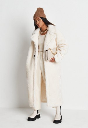 MISSGUIDED white borg teddy seam detail longline coat – textured luxe style winter coats – womens faux shearling outerwear - flipped
