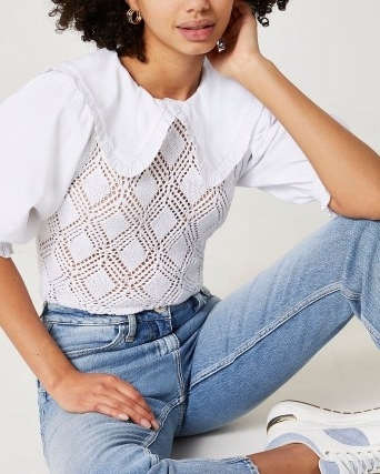 River Island White crochet top | part knitted puff sleeve tops | oversized collar fashion - flipped