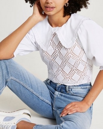 River Island White crochet top | part knitted puff sleeve tops | oversized collar fashion