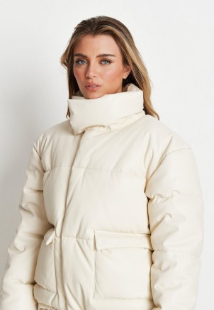 MISSGUIDED white faux leather puffer jacket – high neck padded jackets - flipped