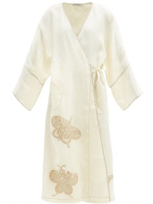 VITA KIN Kyoto butterfly-embroidered linen wrap dress – kimono style dresses – butterflies on fashion - flipped