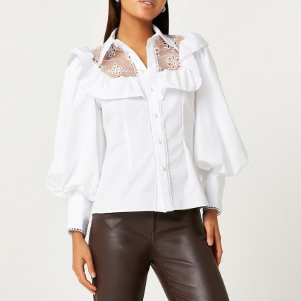 RIVER ISLAND White lace trim puff sleeve shirt ~ romantic inspired volume sleeve semi sheer panel shirts - flipped