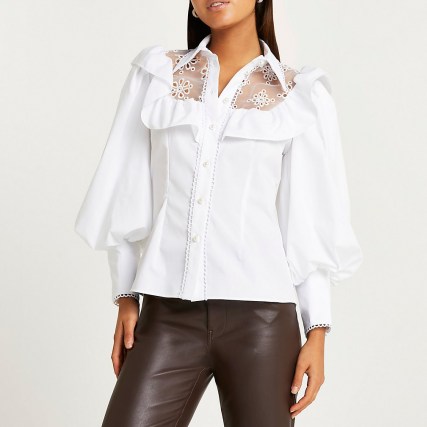 RIVER ISLAND White lace trim puff sleeve shirt ~ romantic inspired volume sleeve semi sheer panel shirts