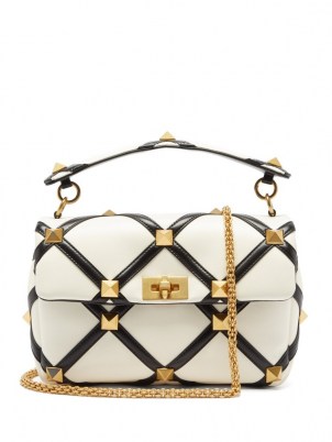 VALENTINO GARAVANI Roman Stud leather shoulder bag in white and black lattice – luxe monochrome handbags - flipped
