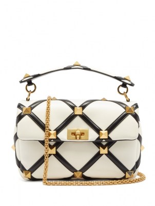 VALENTINO GARAVANI Roman Stud leather shoulder bag in white and black lattice – luxe monochrome handbags