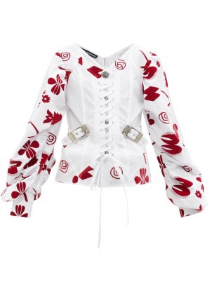 CHOPOVA LOWENA Taz corset-front floral-flocked cotton blouse | structured lace-up bodice blouses - flipped