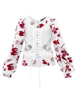 CHOPOVA LOWENA Taz corset-front floral-flocked cotton blouse | structured lace-up bodice blouses