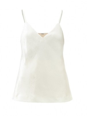 JIL SANDER V-neck white velvet camisole – luxe cami top – luxury strappy tops – designer camisoles - flipped