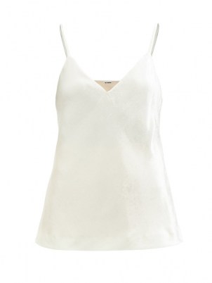 JIL SANDER V-neck white velvet camisole – luxe cami top – luxury strappy tops – designer camisoles