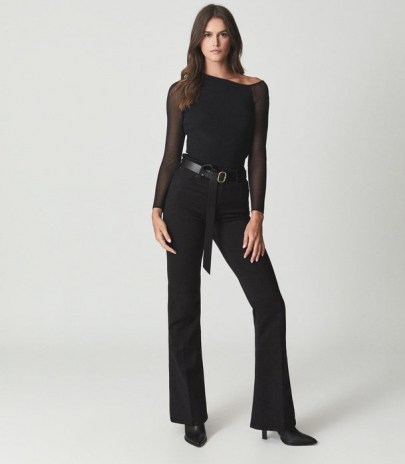 Reiss WILLOW OFF-THE-SHOULDER SHEER-SLEEVE TOP BLACK – chic contemporary style asymmetric tops - flipped