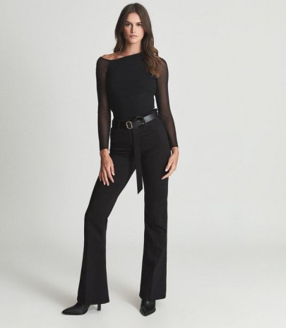 Reiss WILLOW OFF-THE-SHOULDER SHEER-SLEEVE TOP BLACK – chic contemporary style asymmetric tops