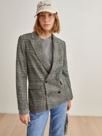 REFORMATION Winston Blazer in Grey Plaid / womens double breasted checked blazers / women’s fashionable on-trend check print jackets - flipped