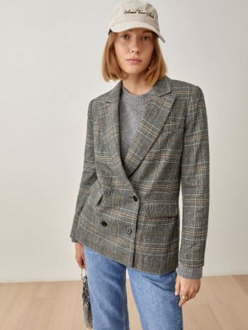 REFORMATION Winston Blazer in Grey Plaid / womens double breasted checked blazers / women’s fashionable on-trend check print jackets