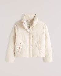 Abercrombie & Fitch A&F Vegan Leather Mini Puffer in Cream – womens casual luxe style winter jackets