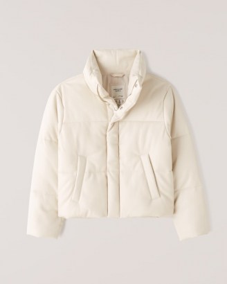 Abercrombie & Fitch A&F Vegan Leather Mini Puffer in Cream – womens casual luxe style winter jackets - flipped