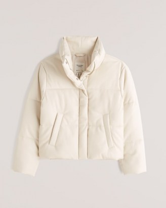 Abercrombie & Fitch A&F Vegan Leather Mini Puffer in Cream – womens casual luxe style winter jackets