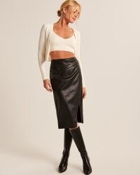 Abercrombie & Fitch Vegan Leather Ruched Midi Skirt – faux leather split hem wrap skirts