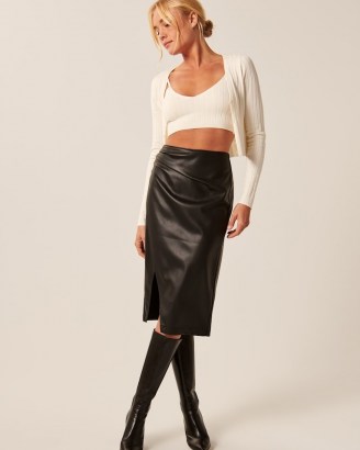 Abercrombie & Fitch Vegan Leather Ruched Midi Skirt – faux leather split hem wrap skirts - flipped