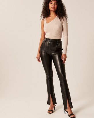 Abercrombie & Fitch Vegan Leather Split-Hem Pants – womens black slit hem trousers - flipped