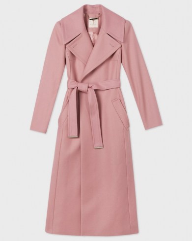 TED BAKER RROSIEY Wool coat with oversized collar ~ pink wrap coats with self tie waist belt ~ womens luxe autumn amd winter outerwear - flipped
