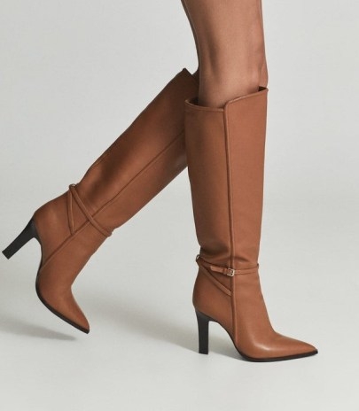 REISS ADA KNEE-HIGH LEATHER BOOTS TAN ~ light brown slim buckle detail boots ~ chic autumn and winter footwear - flipped