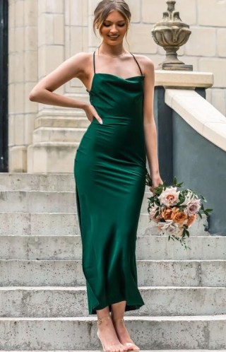 BEGINNING BOUTIQUE Adina Emerald Maxi Formal Dress ~ green strappy back cowl neck bridesmaid dresses - flipped