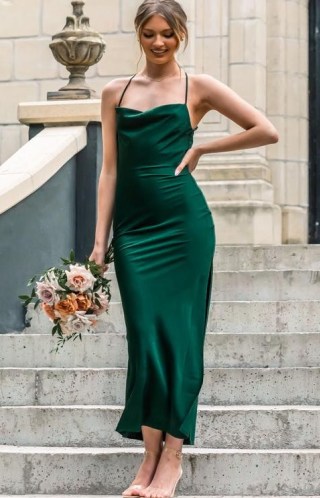 BEGINNING BOUTIQUE Adina Emerald Maxi Formal Dress ~ green strappy back cowl neck bridesmaid dresses