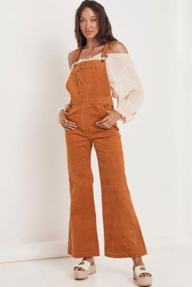 SPELL DESIGNS AGE OF AQUARIUS CORD OVERALLS Tan – brown corduroy cropped flared leg dungarees - flipped
