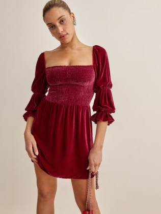 REFORMATION Albi Velvet Dress in Crimson – red smocked bodice double puff sleeve dresses - flipped