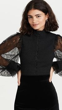 alice + olivia Aviva Button Front Smock Blouse in Black ~ romantic high neck sheer lace sleeve blouses