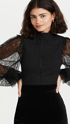 alice + olivia Aviva Button Front Smock Blouse in Black ~ romantic high neck sheer lace sleeve blouses