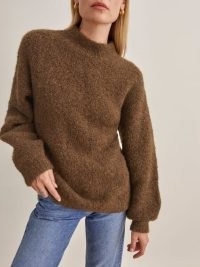 REFORMATION Ambrose Boucle Sweater in Brown ~ womens crewneck oversized sweaters ~ women’s textured jumpers