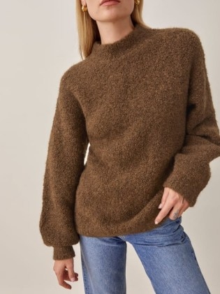 REFORMATION Ambrose Boucle Sweater in Brown ~ womens crewneck oversized sweaters ~ women’s textured jumpers - flipped