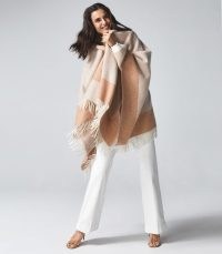 REISS ASTRA OVERSIZED PONCHO CAMEL ~ light brown fringe trim ponchos ~ tonal colour block capes ~ neutral colourblock shawls