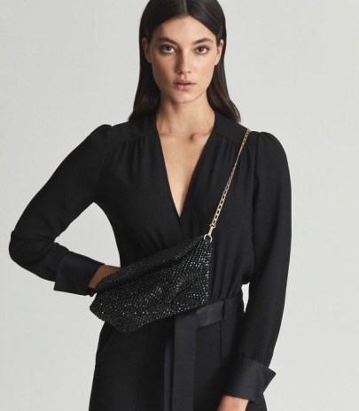 REISS ASTRID BEAD EMBELLISHED CLUTCH BLACK ~ shimmering beaded gold-tone chain strap evening bags