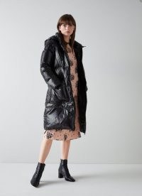 L.K. BENNETT AVORIAZ BLACK RECYCLED DOWN PADDED COAT – womens longline luxe style hooded puffer coats