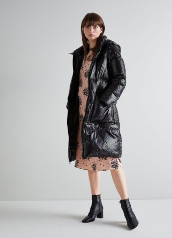 L.K. BENNETT AVORIAZ BLACK RECYCLED DOWN PADDED COAT – womens longline luxe style hooded puffer coats - flipped