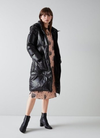 L.K. BENNETT AVORIAZ BLACK RECYCLED DOWN PADDED COAT – womens longline luxe style hooded puffer coats