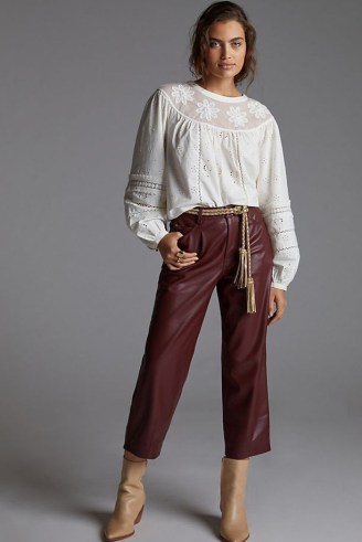Pilcro The Breaker Cropped Faux Leather Trousers in Wine – luxe style crop leg trousers