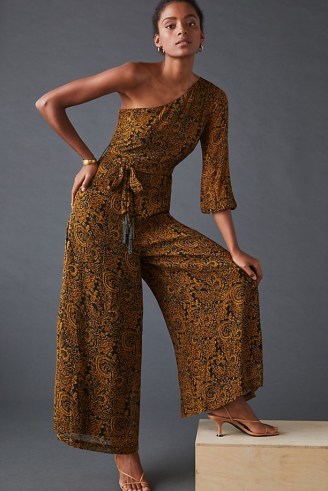 Ollari Paisley One-Shoulder Jumpsuit – asymmetric wide leg jumpsuits – glamorous evening all-in-one clothing - flipped