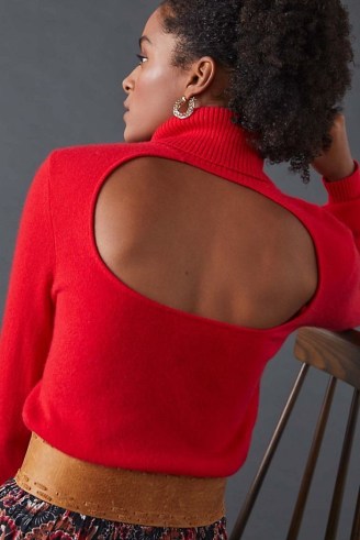 Maeve Cashmere Turtleneck Jumper in Red – vibrant cut out high neck jumpers – open back sweaters - flipped