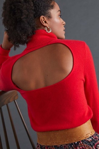 Maeve Cashmere Turtleneck Jumper in Red – vibrant cut out high neck jumpers – open back sweaters