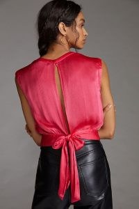 Anthropologie Cropped Open-Back Blouse Bright Red – bright sleeveless satin style blouses