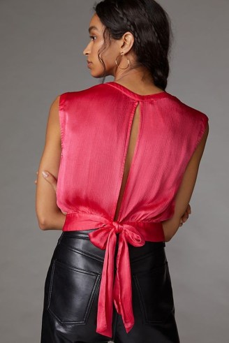 Anthropologie Cropped Open-Back Blouse Bright Red – bright sleeveless satin style blouses - flipped