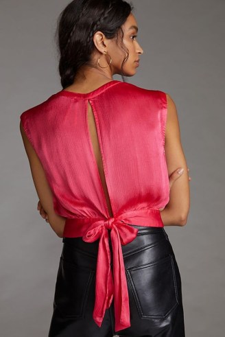 Anthropologie Cropped Open-Back Blouse Bright Red – bright sleeveless satin style blouses