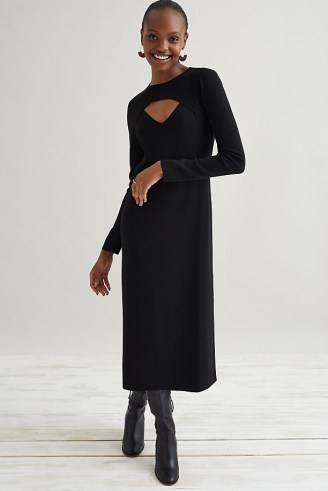 Dolan Knitted Cut-Out Midi Dress Black – front cut out LBD – chic long sleeve cutout dresses
