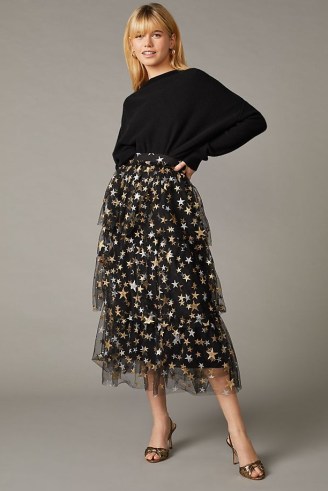 Anthropologie Star-Print Mesh Midi Skirt – tiered sheer overlay skirts – feminine celestial inspired fashion - flipped